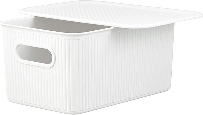 Superio Ribbed Collection - Decorative Plastic Basket Lidded Home Storage Bins Organizer, Medium ... | Amazon (US)