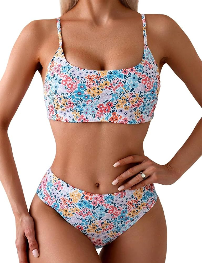 YIMISAN Women's Two Piece Swimsuit Floral Print Bikini Sets Spaghetti Straps Scoop Neck Mid Waist... | Amazon (US)