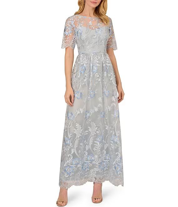 Embroidered Mesh Boat Neck Illusion Short Sleeve A-Line Gown | Dillard's