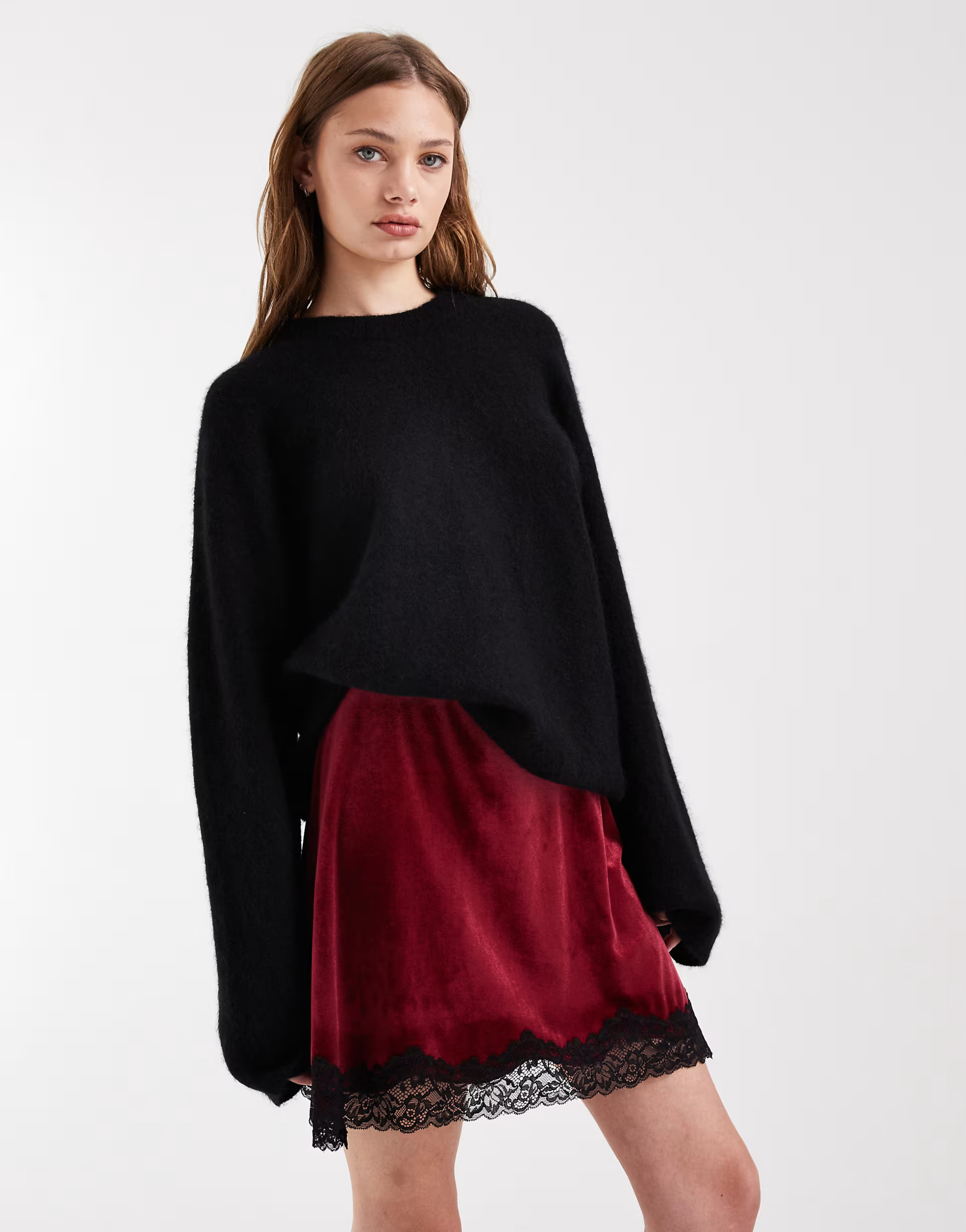 ASOS DESIGN velvet mini skirt with lace hem in burgundy | ASOS (Global)