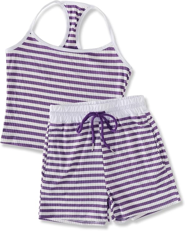 Size 7-14Y Girls Clothes 2 Piece Outfits Striped Tank Top Drawstring Shorts Teen Girls Summer Clo... | Amazon (US)