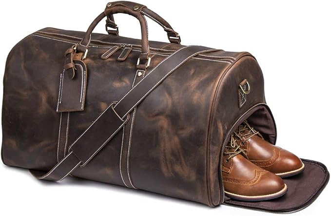 Leather Travel Luggage Bag, Mens Duffle Retro Carry on Handbag(Dark Browm, 24 Inch) | Amazon (US)