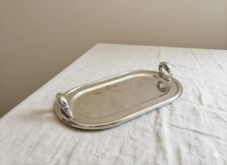 1960s French Chrome Swan Handle Tray, Mid Century Modern Silver Serving Dish, Hollywood Regency V... | Etsy (Global)