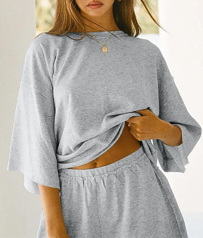 Tankaneo Womens 2 Piece Outfits 3/4 Sleeve Tops and Elastic Waist Shorts Lounge Sets Loungewear | Amazon (US)