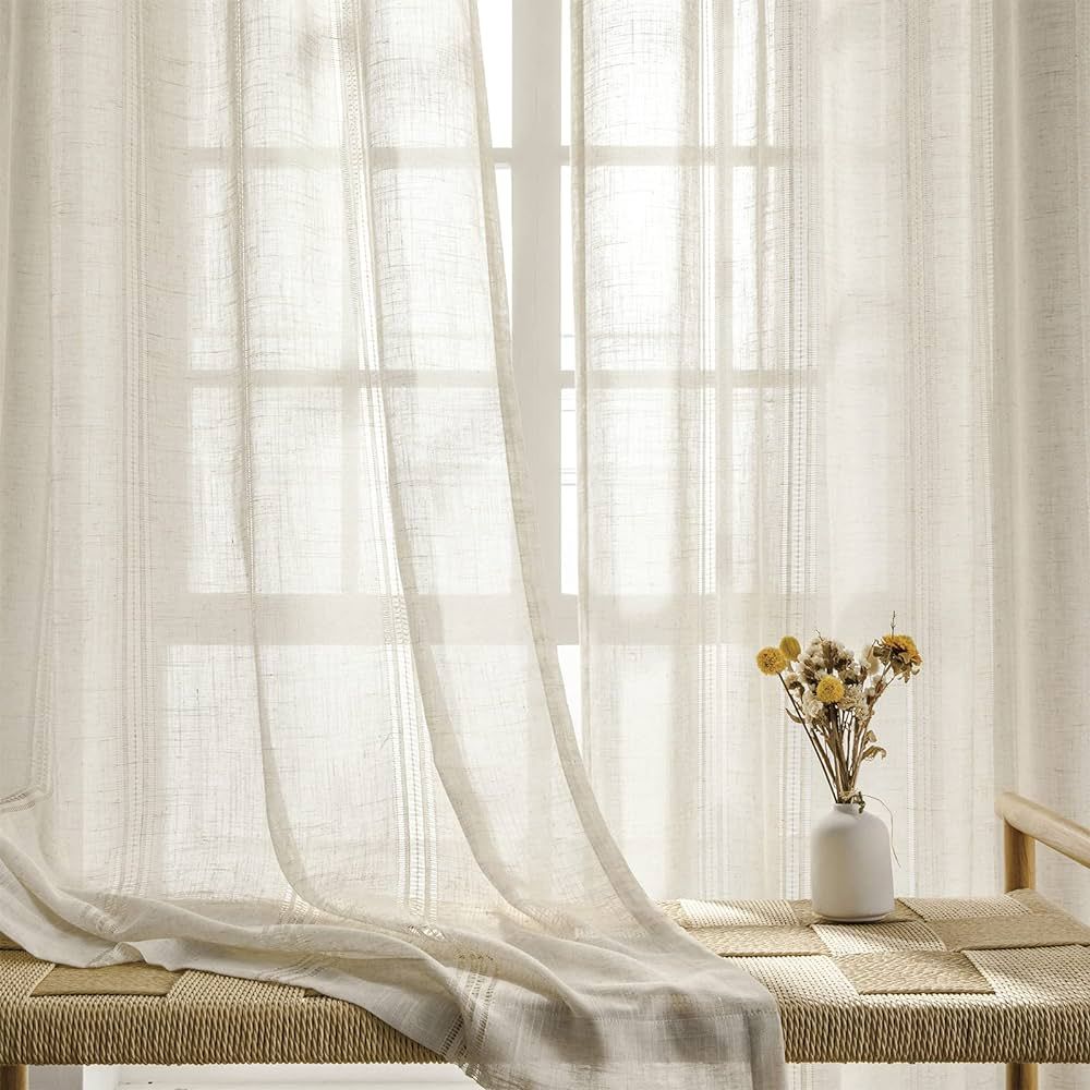 Maison Colette Natural Linen Sheer Curtain 95 inches Length, Rod Pocket Hollow Stripe Transparent... | Amazon (US)