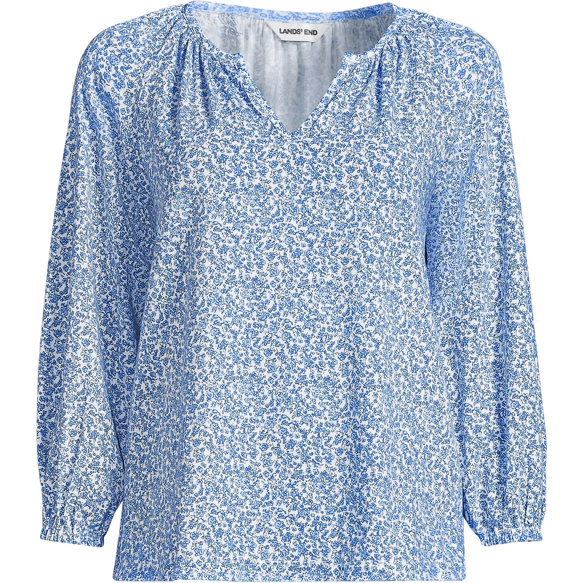 Women's Lightweight Jersey 3/4 Sleeve Notch Neck Gather Blouse | Lands' End (US)
