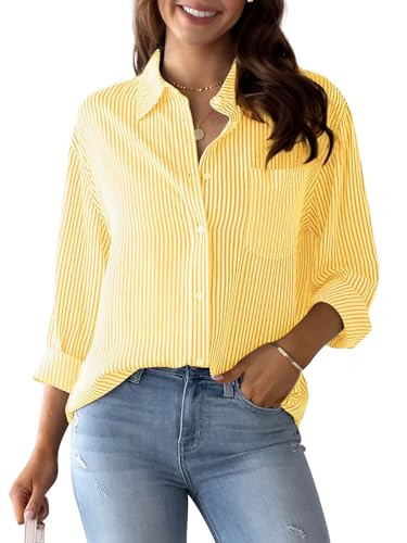 MEILIFIGOO Womens Striped Long Sleeve Button Down Shirts Casual V Neck Stylish Classic Shirt Collared Office Business Work Tops with Pokets Yellow | Amazon (US)