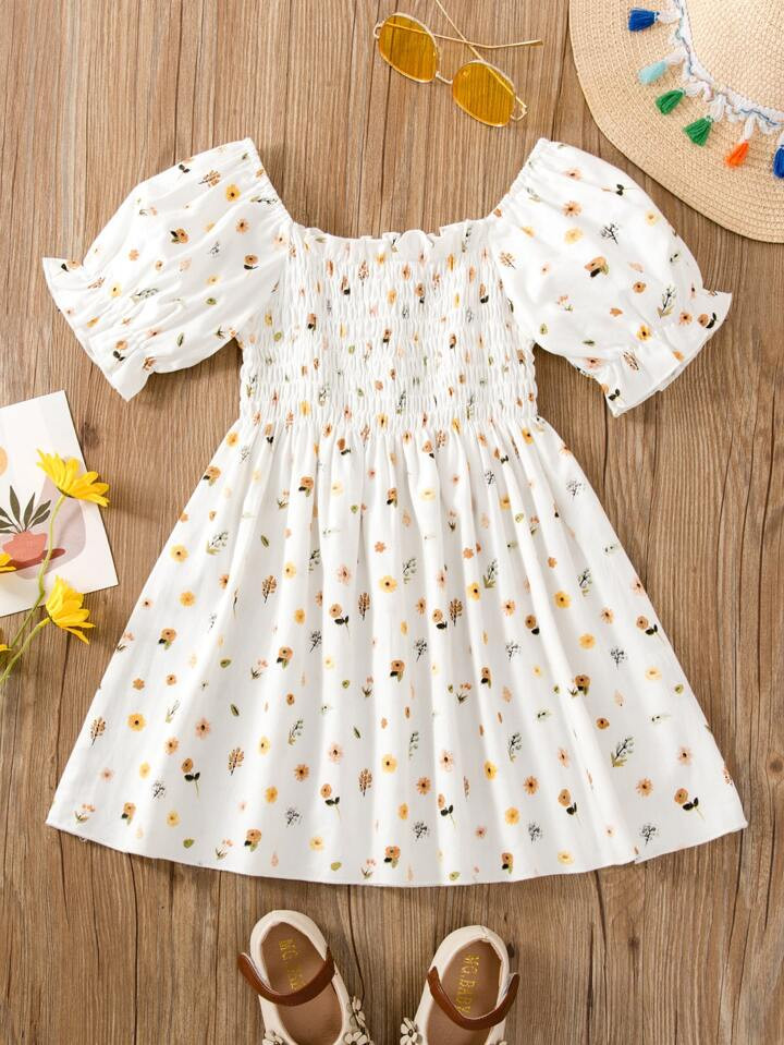 SHEIN Kids EVRYDAY Toddler Girls Ditsy Floral Print Puff Sleeve Shirred Dress | SHEIN