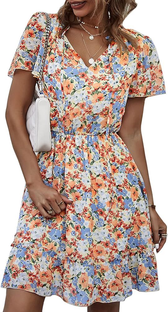 Angashion Women's Floral Print Dress Casual Long Sleeve Crewneck Ruffle Layer Short Mini Women High  | Amazon (US)