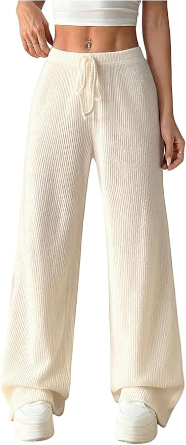 OYOANGLE Women's Ribbed Lounge Trousers Knit Comfy Drawstring Waist Straight Leg Pants | Amazon (US)