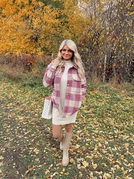 Womens Fall style - Pink and white checkered jacket, Saltwater Luxe from Zappos! Sam Edelman waterproof boots and Amazon sweater dress with handbag!

#LTKSeasonal #LTKshoecrush #LTKunder100
