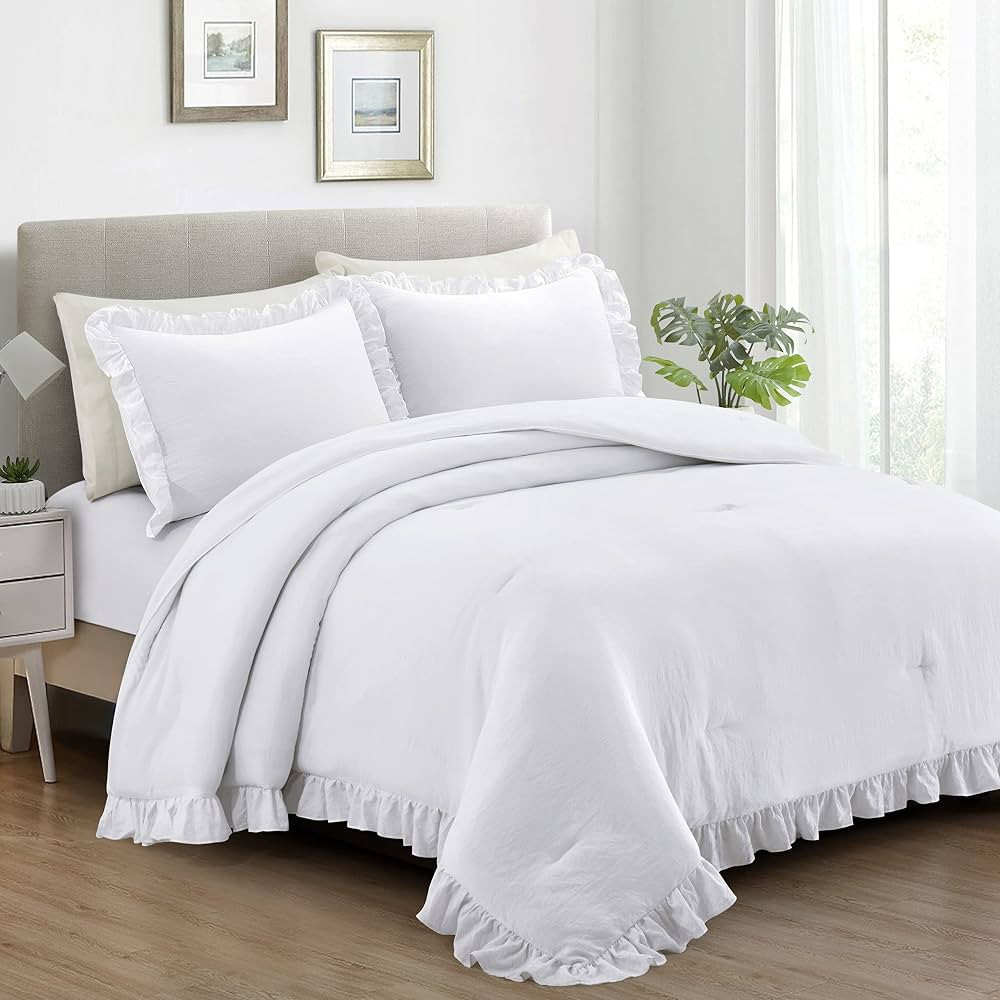 Home Bed Bedding Comforter Set - 3 Pieces White Queen Comforter Set, Farmhouse Bedding Set with R... | Amazon (US)