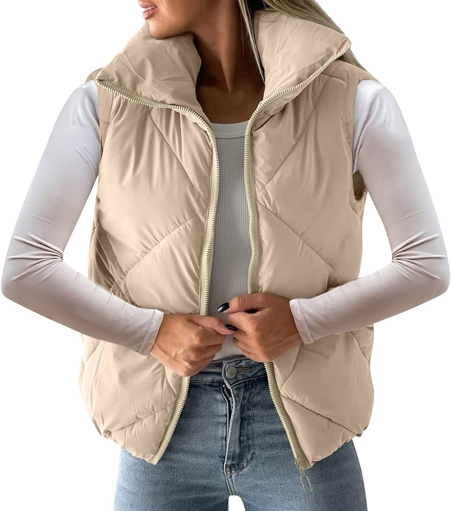 Womens Quilted Cropped Puffer Jacket Vest Full Zip winter Warm Short Bubble solid color vest Coat... | Amazon (US)