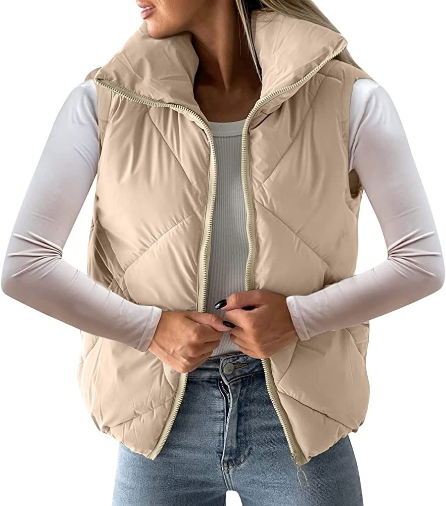 Womens Quilted Cropped Puffer Jacket Vest Full Zip winter Warm Short Bubble solid color vest Coat... | Amazon (US)