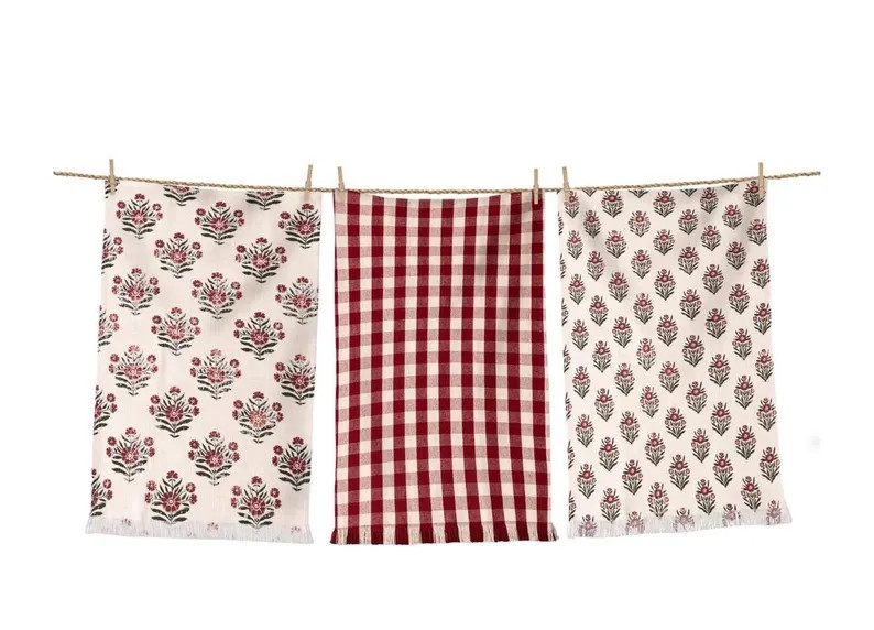 Red Block Print Tea Towels Set, Cottage Kitchen Towels, Vintage Inspired Floral Dish Towels, Farm... | Etsy (Global)