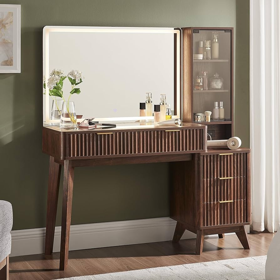 T4TREAM 48" Fluted Makeup Vanity Desk with Large 36" Mirror and Lights, Modern Glass Top Big Vani... | Amazon (US)