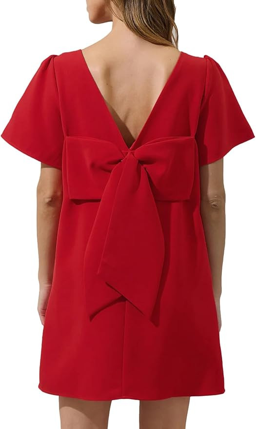 Kedera Women's Casual Mini Bow Crew Neck Short Sleeves Loose Dresses Swing Solid Shift Dress with... | Amazon (US)