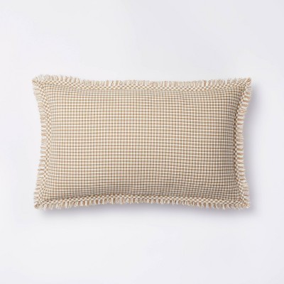 Oblong Gingham with Hemstitch and Raw Edge Decorative Throw Pillow Camel - Threshold™ designed with Studio McGee: Cotton Cylinder Bolster | Target