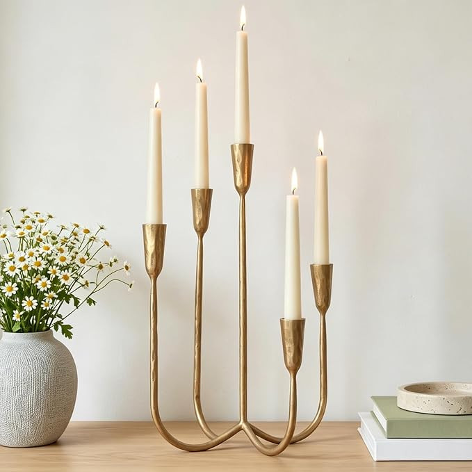 5-Arm Cast Iron Candelabra with LED Flameless Taper Candles and Remote, Tall Metal Vintage Candle... | Amazon (US)