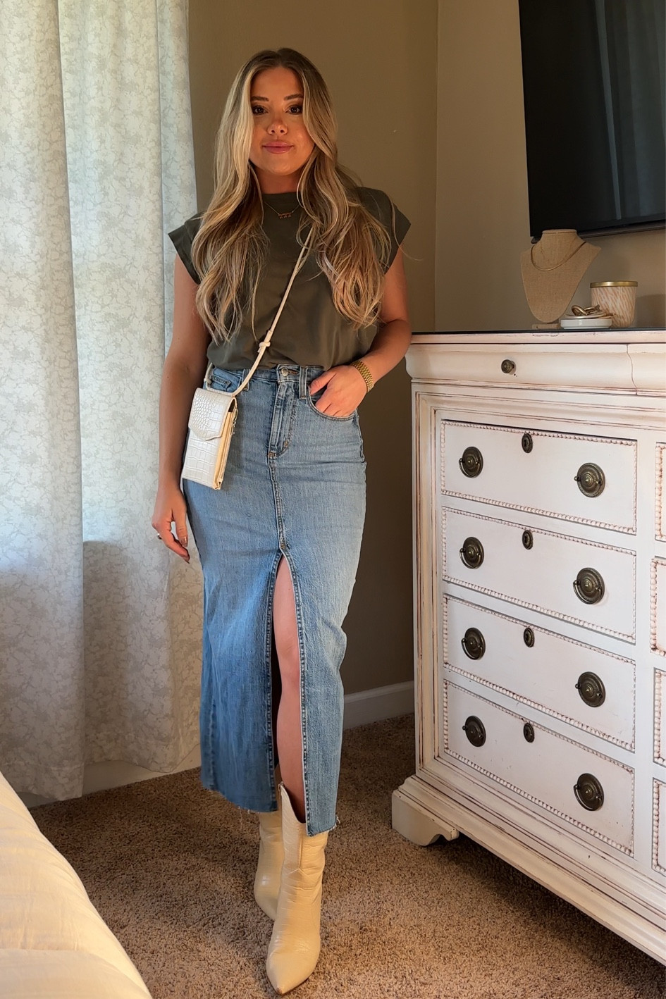 Favorite trend: denim midi skirts ✨ i sized down in this one for a more fitted look! 

This target tee has me in a chokehold, I have every color! 

#LTKfindsunder50 #LTKstyletip