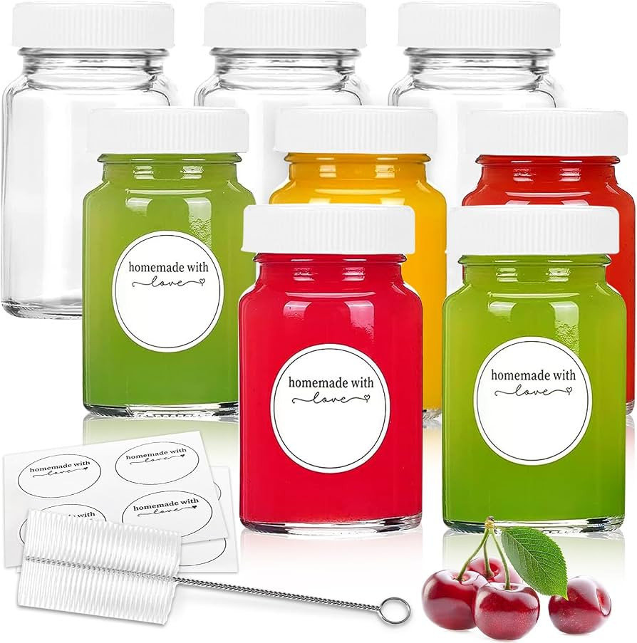 8pcs 2oz Glass Juice Bottles with Lids and Labels, Reusable Small Clear Jar for Juice, Ginger, We... | Amazon (UK)