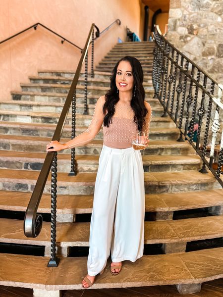 Head to toe amazon! Under $40 white trousers (small, 10+ colors), under $30 pearl detailed top (size 4, 3 colors), ! This look is perfect for spring or a bachelorette party/ bride to be! #founditonamazon 

#LTKunder50 #LTKSeasonal #LTKwedding