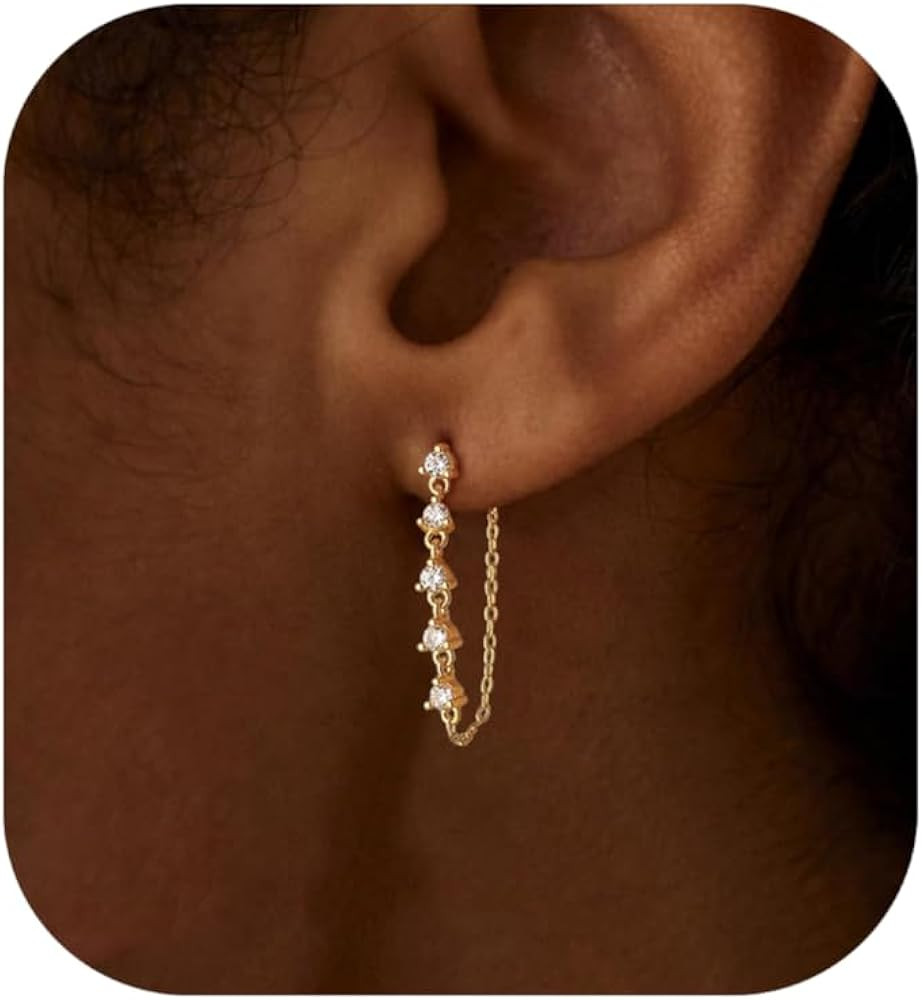 Dangle Earrings for Women, Dainty CZ Drop Earring 14K Gold Plated Long Chain Earring Cute Gold Ea... | Amazon (US)