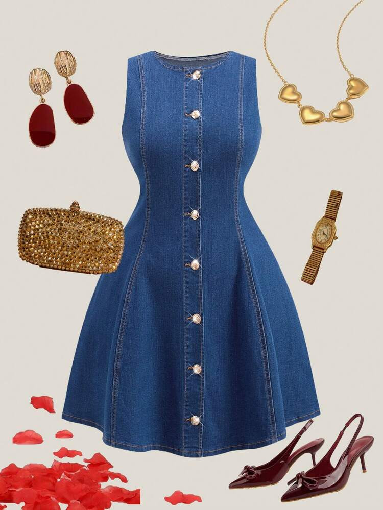 SHEIN MOD Plus Size Women's Round Neck Single-Breasted Casual Sleeveless Denim A Line Dress With Gold Button,Dark Blue Summer Everyday Elegant Vacation Dress | SHEIN