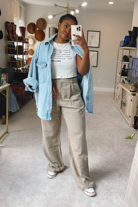 Finally got the viral Abercrombie trousers and I’m obsessed. Need the crotch taken in but minor details! Screen tee is from my collection shoplivinfearless.com … linking everything else 

#LTKstyletip #LTKfindsunder100 #LTKmidsize