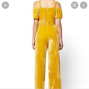 BRAND NEW/NEVER WORN Mustard yellow velvet off the shoulder jumpsuit. With belt | Poshmark