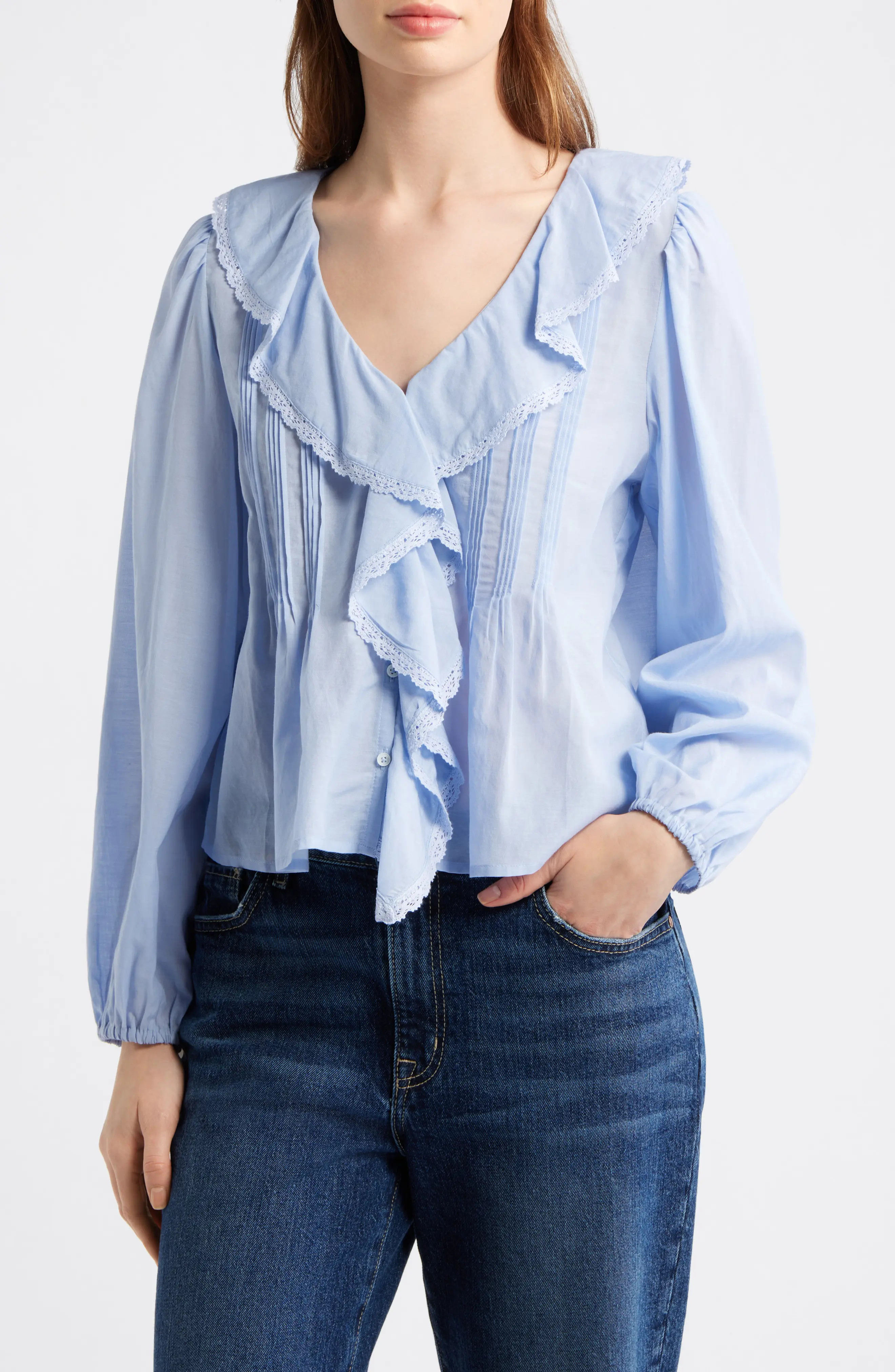 Madewell Lace Insert Ruffled Pintuck Long Sleeve Top in Tranquil Blue at Nordstrom, Size X-Small | Nordstrom