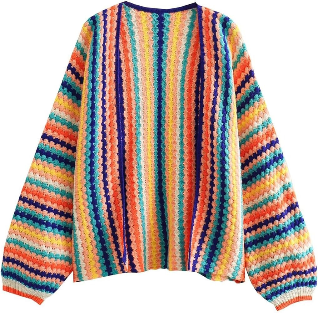 ROJZR Womens Cardigan Long Sleeve Block Striped Sweaters Coat Open Front Casual Knit Pullover | Amazon (US)