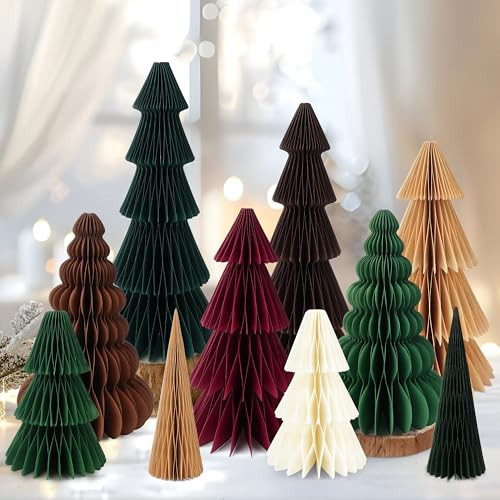 10 Pcs Paper Christmas Tree Set - Neutral Christmas Decor, Table 3D Honeycomb Christmas Tree, Christmas Centerpiece for Holiday Festive Party Wedding Home Decor Table Centerpieces, 6/8/10/12 Inch | Amazon (US)