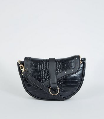 Black Faux Croc Stud Saddle Bag | New Look | New Look (UK)