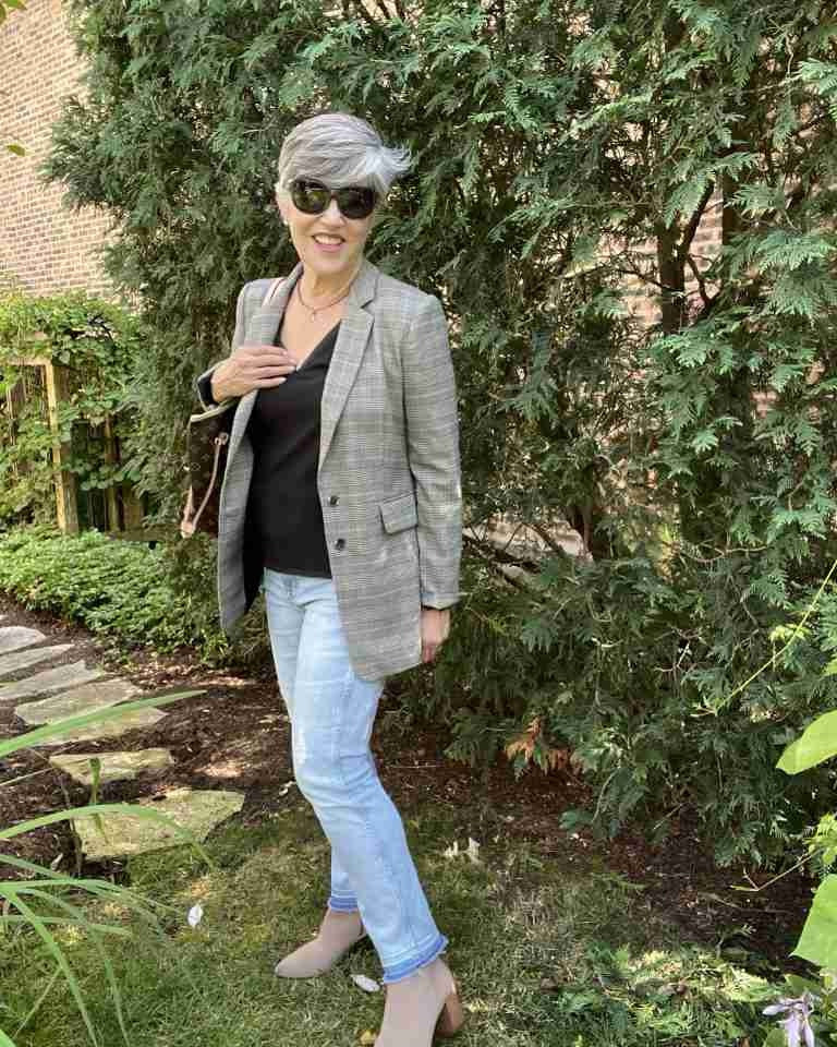 This is for you if you wonder how to style a plaid blazer!
It’s such a great basic for your fall/winter capsule wardrobe. 

 Then for this look, I wore the blazer over the same tank, but I paired vintage wash jeans and tan booties.

#LTKFindsUnder50 #LTKOver40 #LTKSeasonal