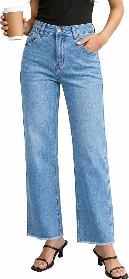 GRAPENT Straight Leg Jeans for Women High Waisted Stretchy Frayed Raw Hem Loose Denim Pants Casua... | Amazon (US)