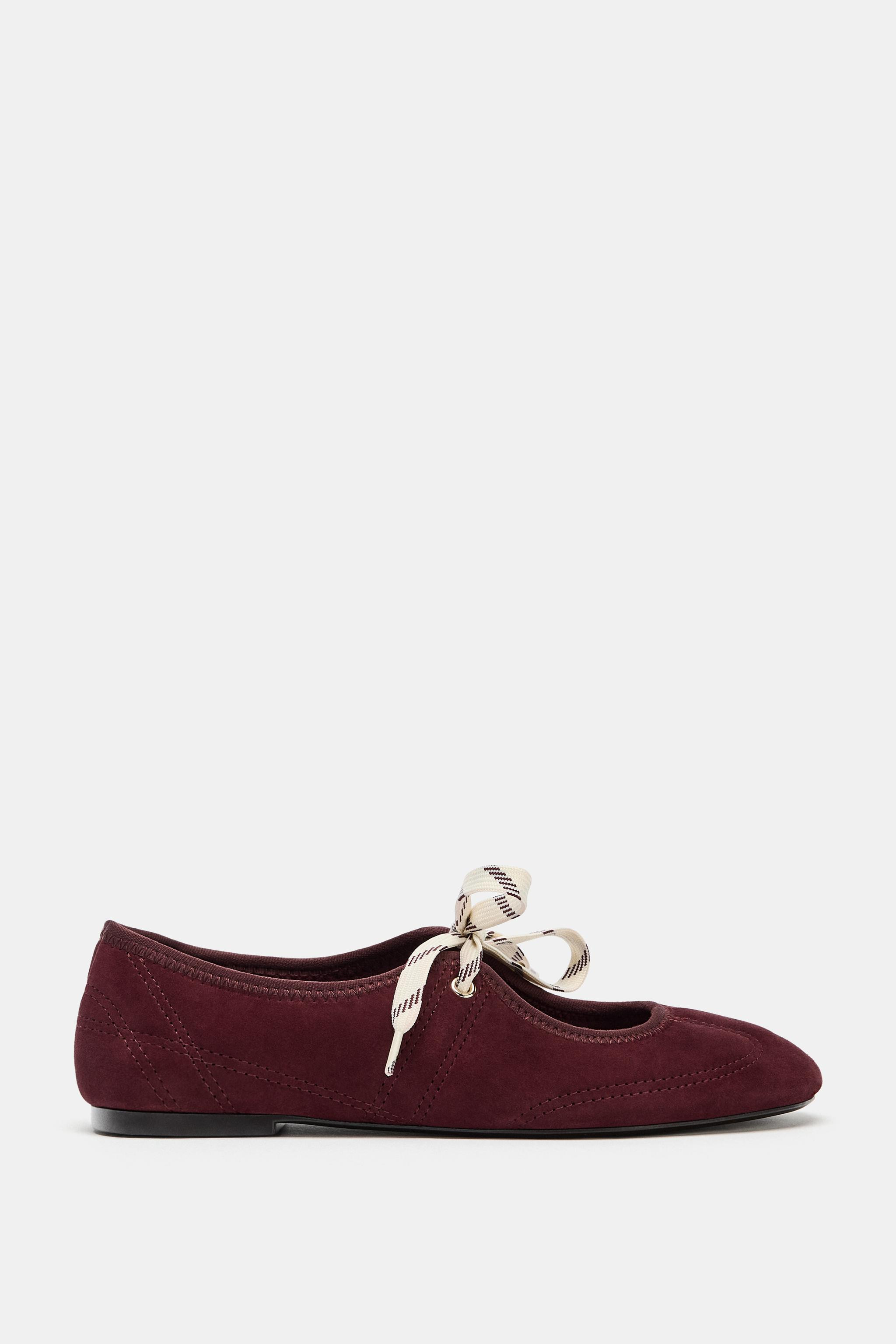 LACED SPLIT LEATHER BALLET FLATS | Zara US