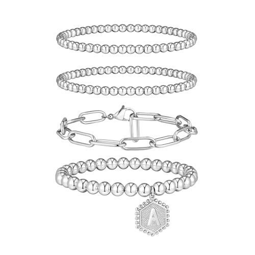 doubgood Silver Bracelets for Women, White Gold Plated Stackable Initial Beaded Bracelet with Letter Pendant A Waterproof Stretch Trendy Stack Jewelry Set Gifts for Women | Amazon (US)
