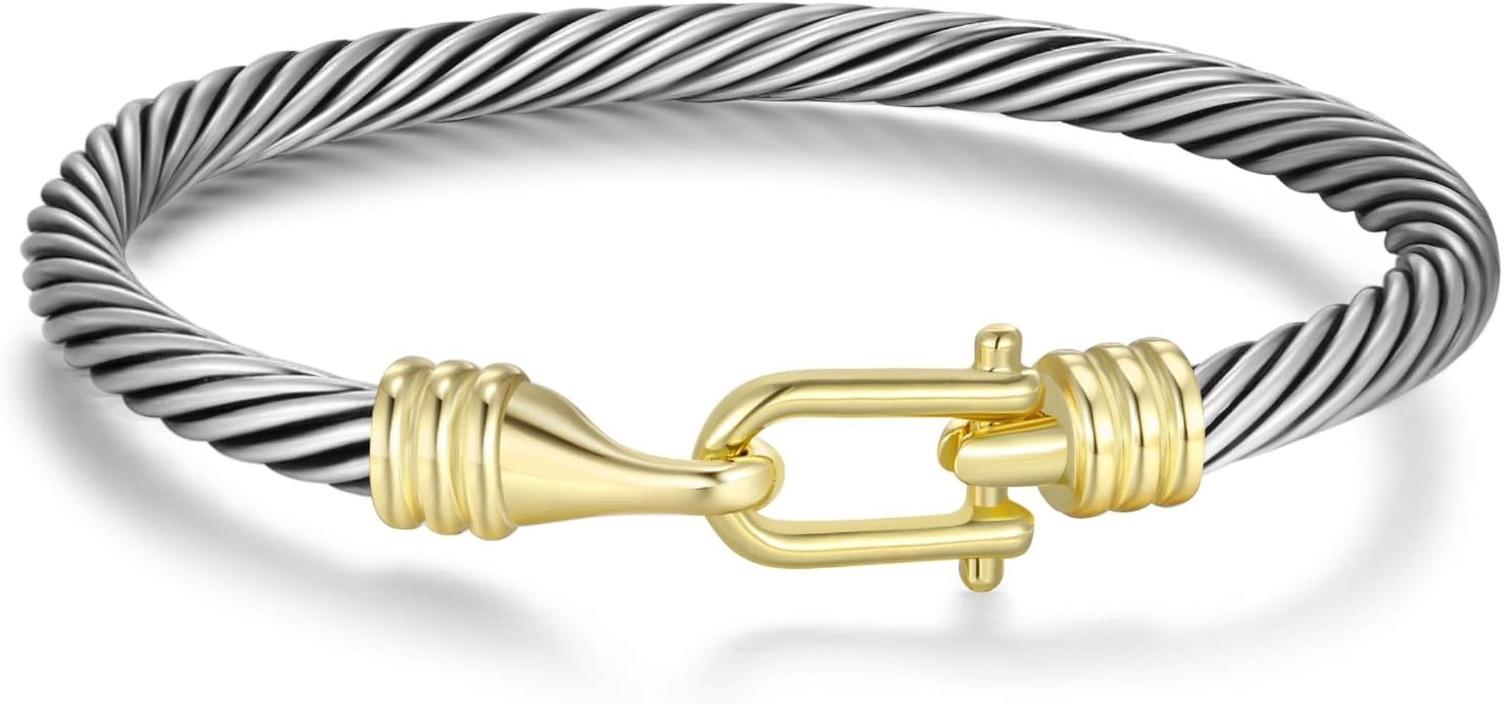 Cuff Bracelets for Women - Silver Cable Bracelets Two Tone Gold Hook - Mixed Metal Bangle Designe... | Amazon (US)