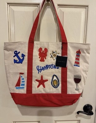 Nautical Embroidered Hamptons Tote Bag Beige Red Blue, Open Top, inside pocket | eBay | eBay US