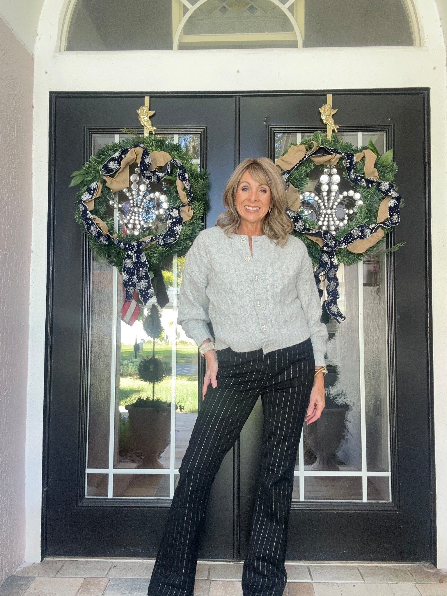 Loft striped jeans will make your legs look a mile long. Walmart sweater with sparkly buttons looks great and much more expensive .

#LTKSaleAlert #LTKFindsUnder50 #LTKHoliday