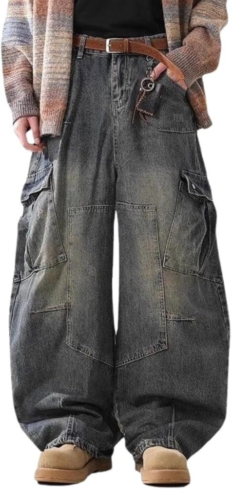Baggy Barrel Jeans for Men Wide Leg Cargo Jeans Loose Distressed Denim Oversized Pants Fashion Ca... | Amazon (US)