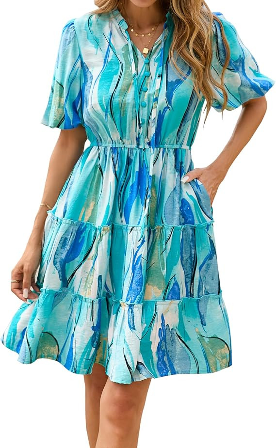 BTFBM Women Summer Floral Short Dresses V Neck Short Sleeve Tiered Ruffle Boho Swing Dress A-Line... | Amazon (US)