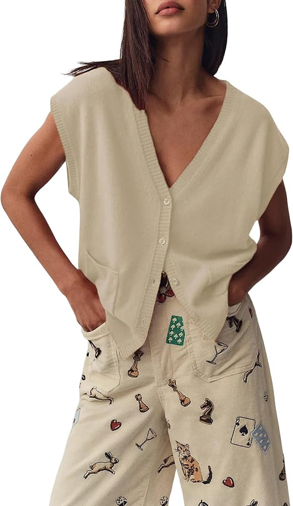 Yeokou Women's V Neck Knit Vest Top Casual Spring Summer Outfits Button Down Short Sleeve Cardiga... | Amazon (US)