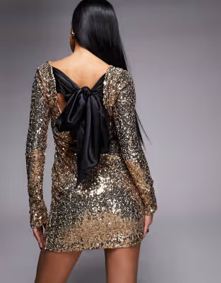 Kaiia exclusive slash neck satin bow tie back sequined mini dress in gold | ASOS (Global)