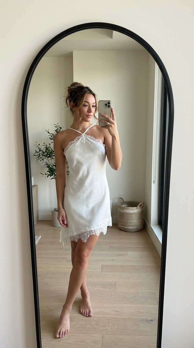 White Satin Lace Mini Dress | Bridal Shower, Bachelorette & Wedding Morning

This white satin lace mini is the perfect bachelorette party dress, bridal shower outfit, wedding morning getting ready look, honeymoon outfit, rehearsal weekend dress, engagement celebration outfit, and bridal brunch look. The delicate lace trim and satin fabric make it a unique bridal piece you'll wear long after the wedding weekend. Also beautiful for bridal suite photos or as an elevated bridal loungewear option. 

 #LTKWedding