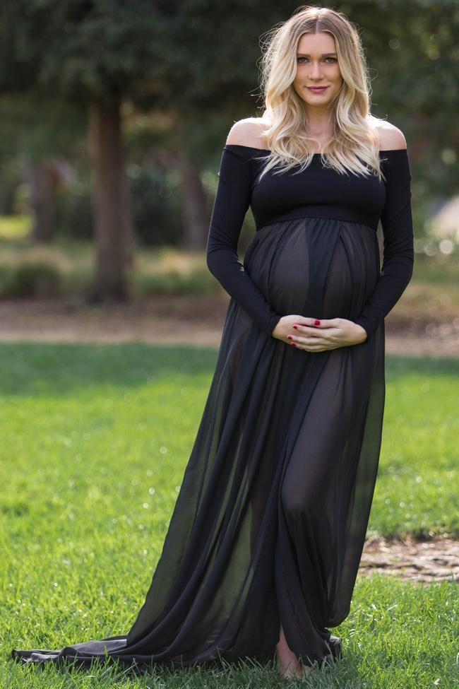 PinkBlush Black Off Shoulder Open Maternity Photoshoot Gown/Dress | PinkBlush Maternity