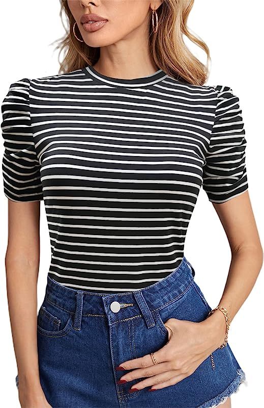 LilyCoco Women's Striped Short Puff Sleeve Slim Fit Round Neck Blouse Shirt Tops | Amazon (US)