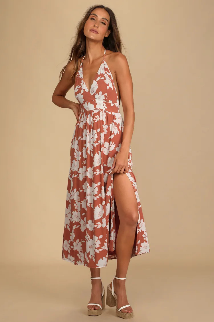 Follow the Summer Orange Floral Print Halter Midi Dress | Lulus
