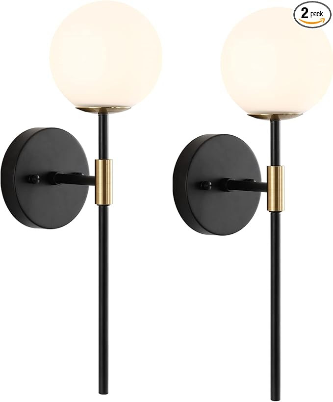 BYOLIIMA Industrial Mid Century Wall Sconce Set of 2 with White Globe Glass Shades Modern Bathroo... | Amazon (US)